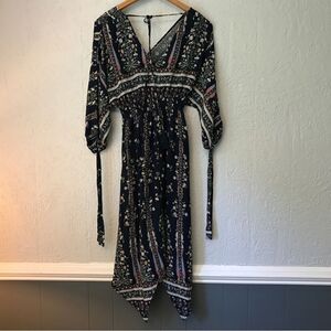 Umgee Floral Asymmetrical Blue Tassel Dress